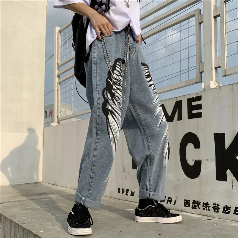 Уличный хип-хоп принт женские джинсы Harajuku Модные свободные повседневные женский эластичный пояс джинсовые брюки