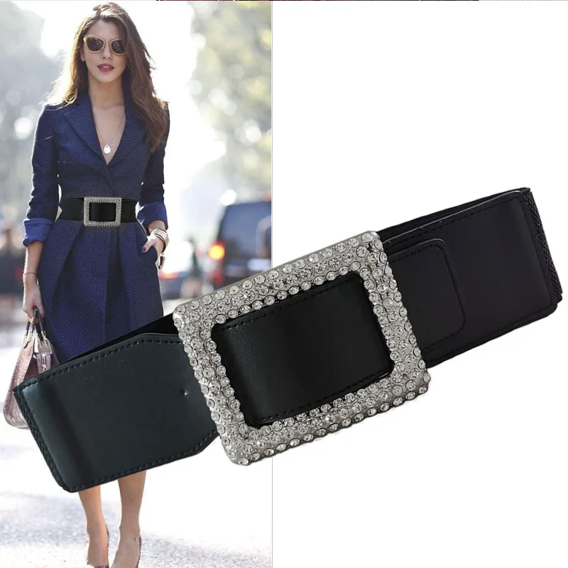 Luxury Leather Elastic Wide Belt For Women Square Rhinestone Buckle Waist Strap Designer Brand Ladies Decorative Waistband hongmioo 2017 new fashion gold ladies women belt chain hollow new designer fashion belt chain rhinestone belts for dresses