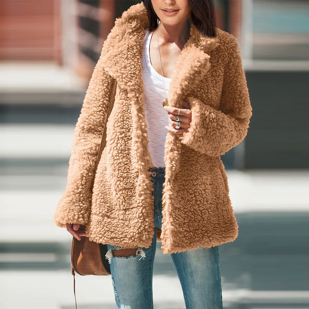 

Coat Women's Autumn And Winter Thick Warm Europe And America Large Size Solid Color Casual Fold-down Collar Long Sleeve Single B