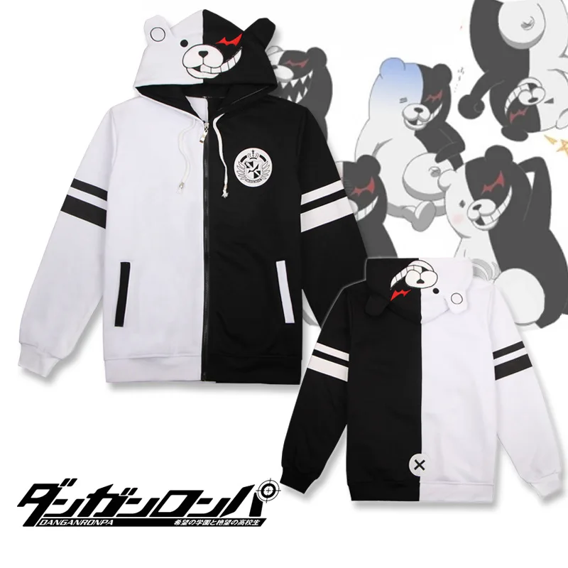 

Danganronpa 2 Versions Daily Casual Coat Jacket Monokuma Unisex Hoodie Sweatshirt Hooded Black White Bear Cosplay Costume