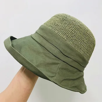 

2020 Japanese crochet linen stitching straw hat curling folding sunscreen beach Bucket Hats summer basin hat girl floppy hat