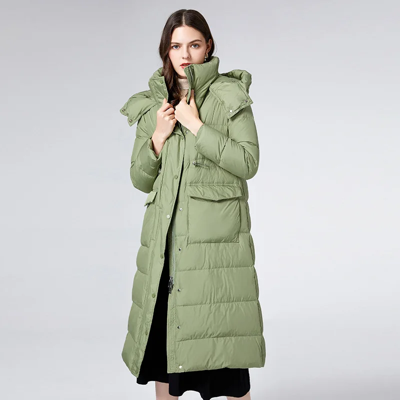 Down Jacket Women Mid-length Winter New Style Waist Hooded White Duck Down Thickened Ladies Jacket