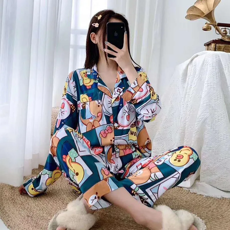 Sanderala Sexy Women Cotton Pajama Sets Lingerie Colorful Soft Print Female Underwear Nightgown Home Wear Kawaii Pajama