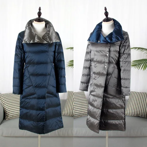 Blue-silver gray Двубортное длинное пальто со стоячим воротником для женщин, Двусторонний пуховик, зимняя одежда, двусторонняя клетчатая ветрозащитная верхняя одежда M931 - Цвет: Blue-silver gray