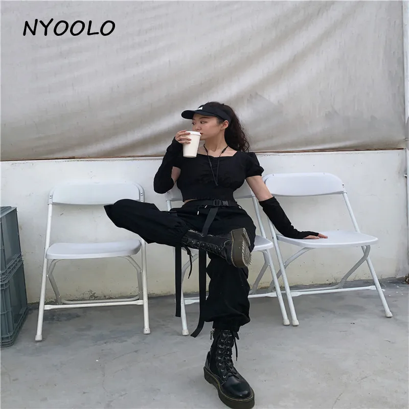 NYOOLO Harajuku дизайнерская лента, большие карманы, высокая талия, брюки карго, повседневная эластичная талия, длинные штаны для женщин и мужчин с поясом