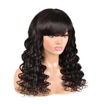 

Brazilian Loose Curly Wigs With Bangs Full Machine Made Wigs For Black Women 10-28inch Remy Human Hair Wig With Bangs