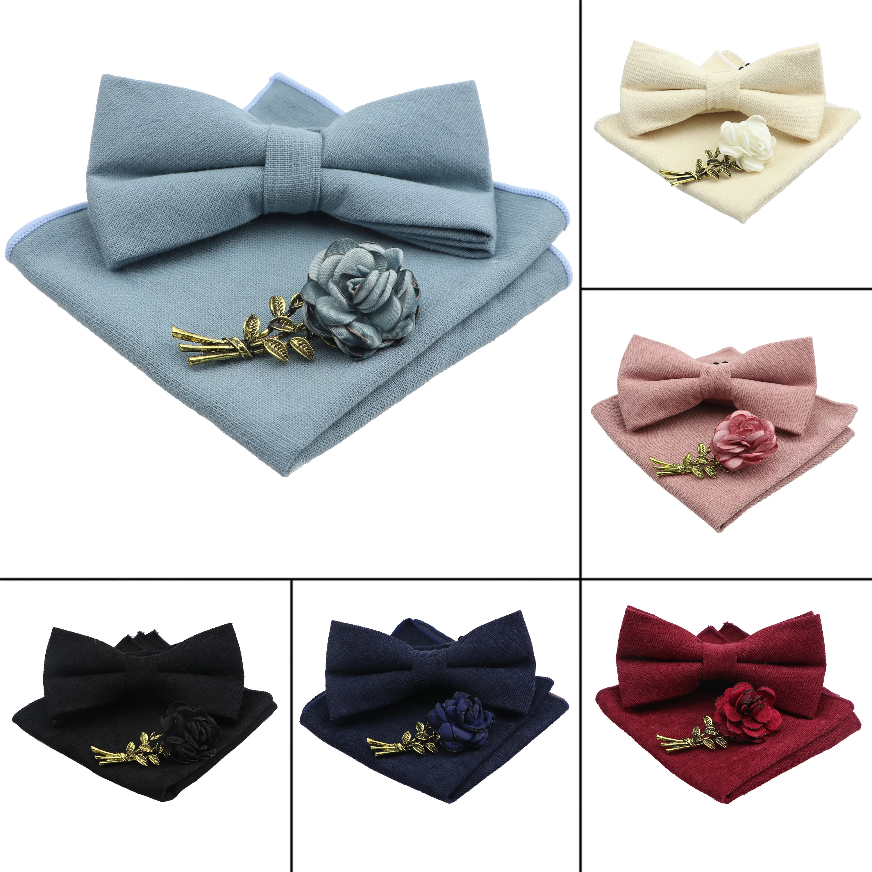 Einfarbig Baumwolle Bowtie Taschentuch Brosche Set Männer Blume Schmetterling Party Hochzeit Blau Rosa Weiß Bowties Neuheit Krawatten Geschenk