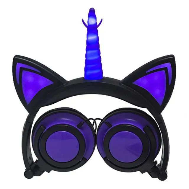 Studyset мультфильм кошка ухо Одиночная рогатая в форме лошади светящиеся Проводные Складные Наушники - Цвет: Black purple