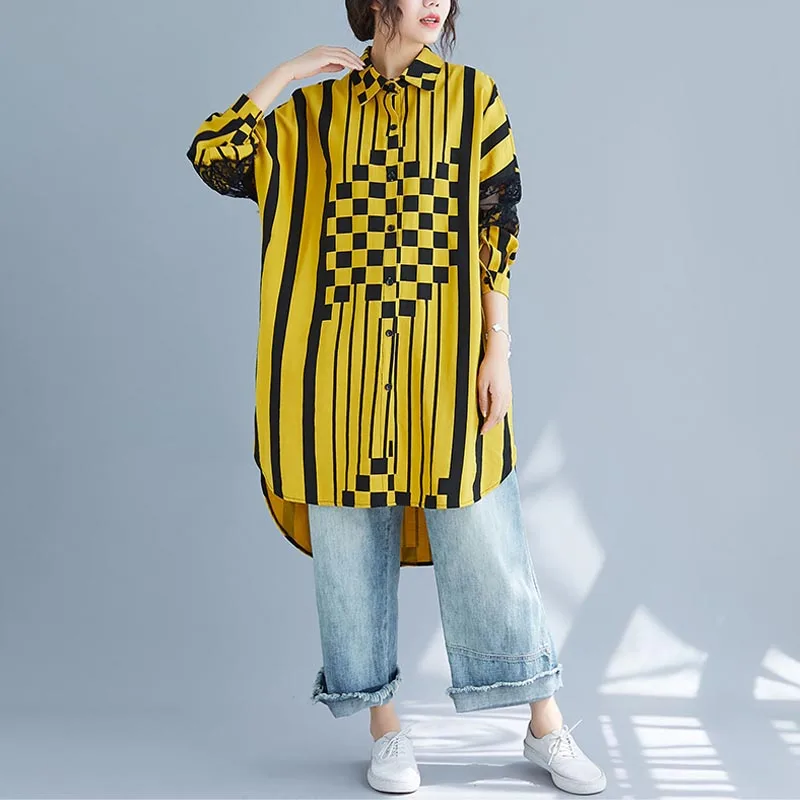 Большие размеры 4XL 5XL 6XL Хлопок Кружева сращивания Винтаж полосатый длинный кардиган осень женские блузки рубашки Roupa Feminina Новинка