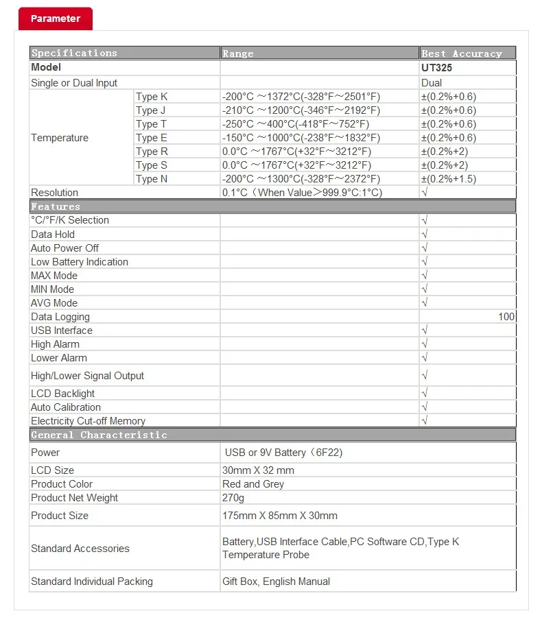 UNI-T UT325 Тип контакта термометры Диапазон-200~ 1375 USB интерфейс промышленный температурный тест выбор типа K.J.T.E.R.S.N