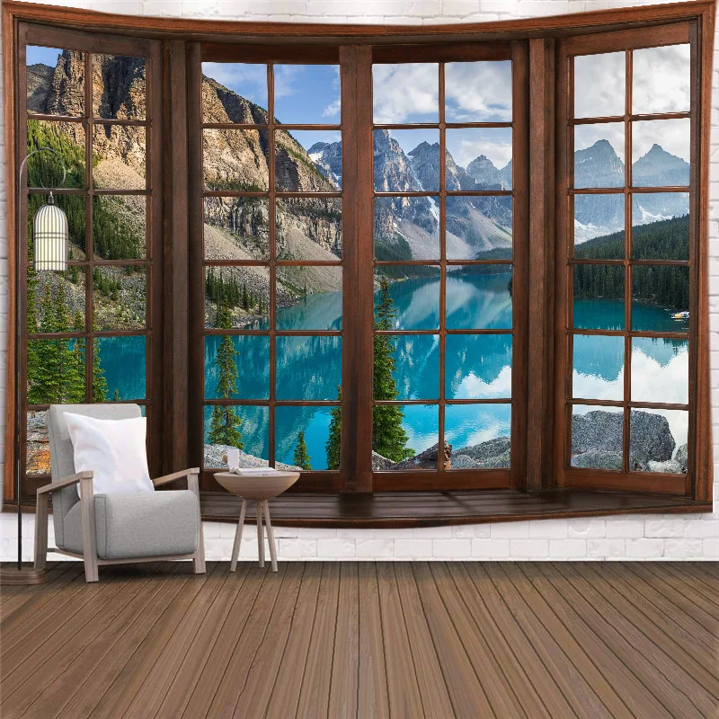 

Landscape tapestry Window Landscape Series Home lace trim sofa background cloth beach towel beach cushion wall tapestry abstract