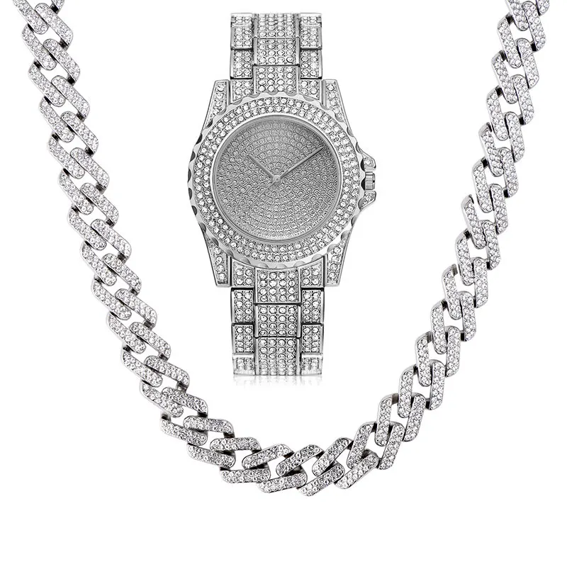 Хип-хоп ожерелье+ часы+ Браслет Bling Iced Out, циркониевые кубинские полностью проложенные стразы, мужской Браслет, Ожерелье для мужчин, ювелирные изделия