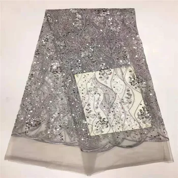 

NEW High Quality 2019 Tulle sequins Beaded French Nigerian Lace Fabrics Pearls Embroidered Guipure African 3d Lace Fabric Grey
