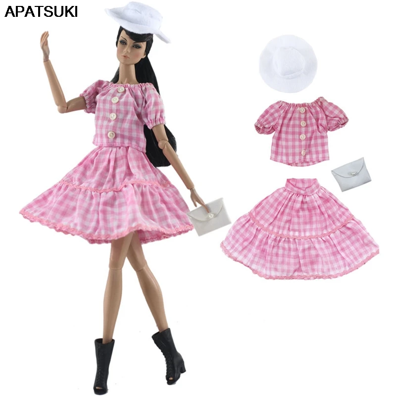 

1set Fashion Plaided Doll Clothes For Barbie Doll Top Skirt Hat Bag Fashion Outfits For Barbie Dollhouse 1/6 Doll Accessories