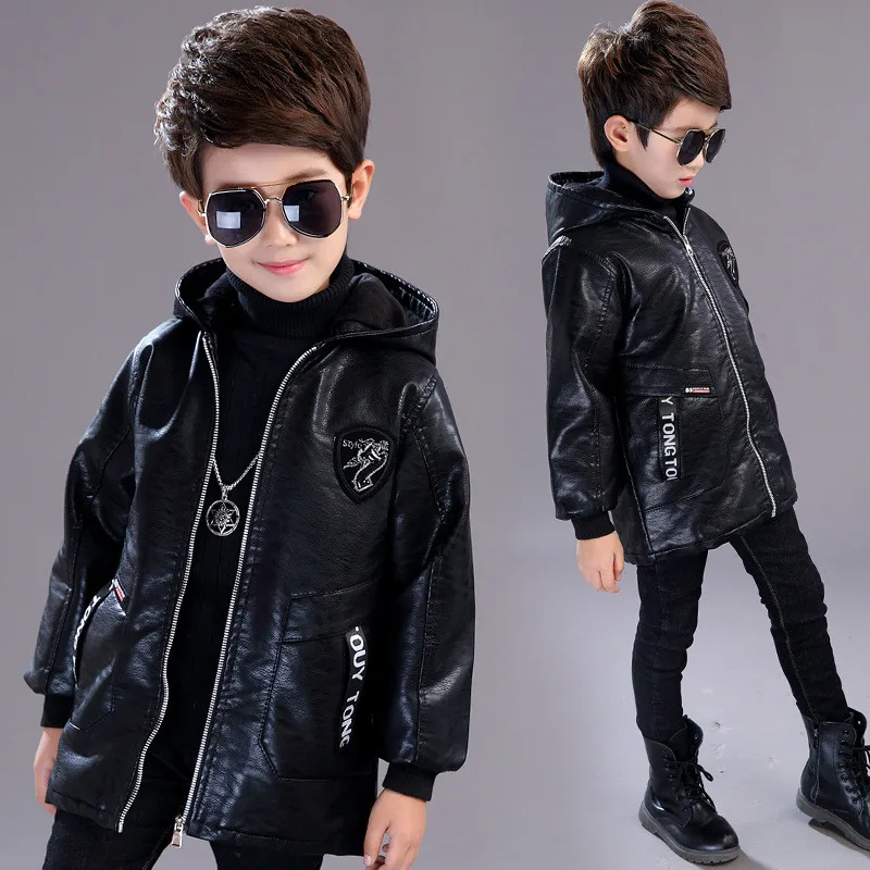 Модная кожаная куртка для мальчиков, пальто, плотное пальто с капюшоном в джентльменском стиле, куртка для мальчиков 3-12 лет, Детская куртка, пальто, верхняя одежда