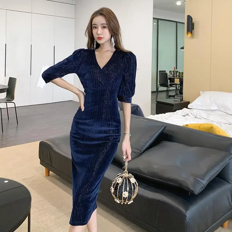 

Sexy Gold Velvet Tights Spring Dress 2021 Fashion Retro Puff Sleeve Back Zipper Dresses Elegant Women's High Quality robe femme