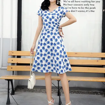 

Women Summer Dress Women vestidos платье женское V Collar Printed Dress Ladies Slim Fit Short Sleeve Plus Size ropa mujer Dress