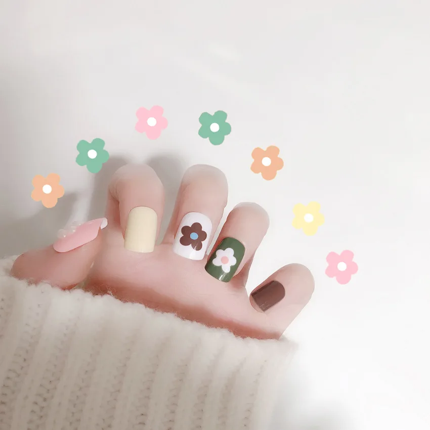 Ladies Fashion Green White Color Fake Nails Long Designs Artificial False Nail Tips Full Cover Art with Glue 24pcs/set | Красота и