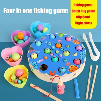 

Wooden Fishing Toys Children's Montessori Junli Education Four In One Play Games To Train Children's Hand Eye Coordination Gift