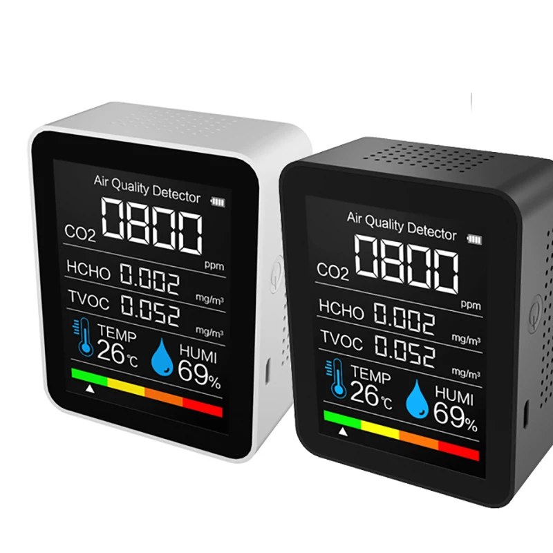 5 in1 co2 medidor de temperatura digital sensor umidade tester monitor qualidade do ar dióxido carbono tvoc formaldeído hcho detector