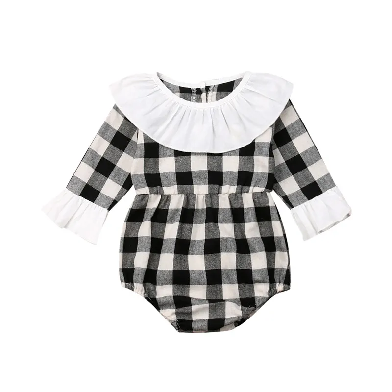 

pudcoco Infant Newborn Kids Autumn Spring Clothes Baby Girl Plaids Flared Sleeve Rompers Jumpsuits Princess Casual Outfits set