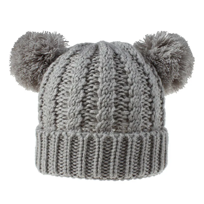 Зимние шапки для детей, милый теплый трикотажный подогреватель с двойным помпоном, детская шапка для девочек - Цвет: grey