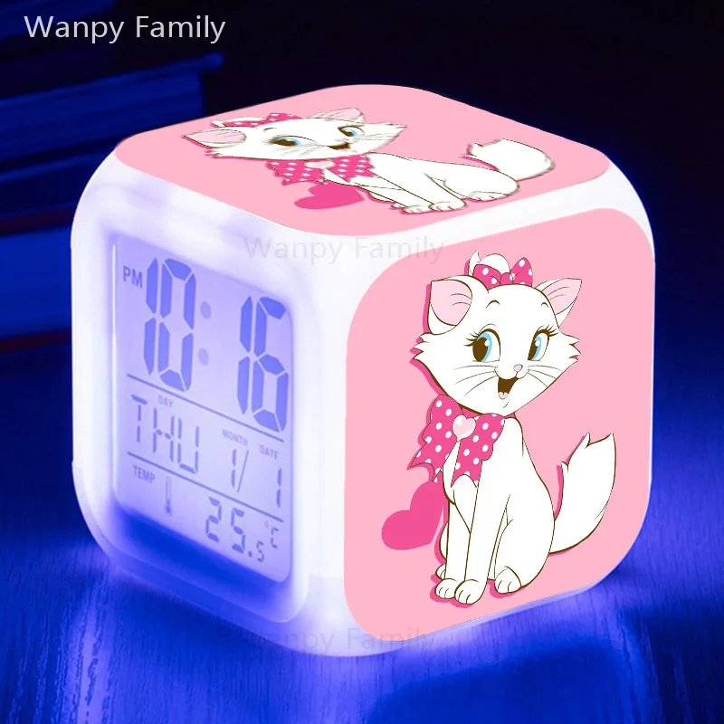 Милый Зонт кошка Мэри будильник светодиодный большой экран 7 цветов светящийся для детей подарок на день рождения многофункциональные сенсорные электронные часы - Цвет: Розовый