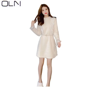 

Lace dress OLN Autumn Spring Korean vestidos new arrival wholesale sleeve lace stitching dress female KNEE DRESS
