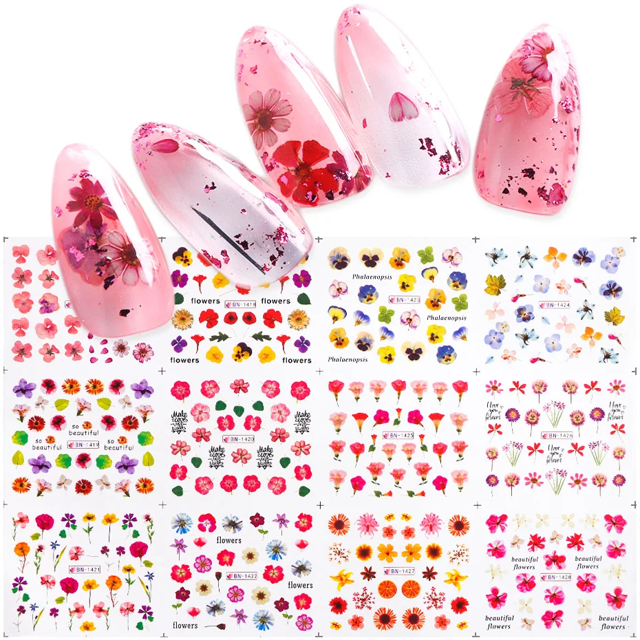 12 шт сушеные цветы лист Декоративные наклейки для ногтей цветы дизайн ногтей Вода Передача Фольга наклейки осень Дизайн Маникюр TRBN1417-1428