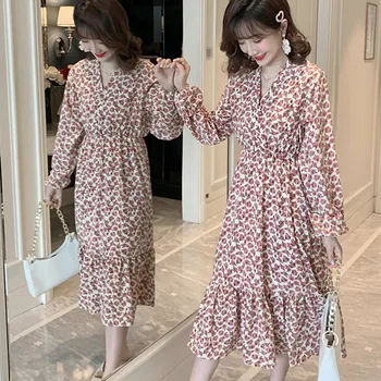 

9602# Spring Sweet Printed Maternity Nursing Long Party Dress Elegant Slim Waist Bodycon Clothes for Pregnant Women Pregnancy