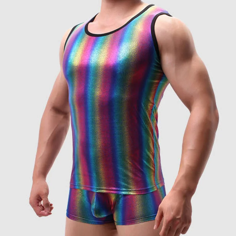 Sexy Men Tanks Tops Pants Boxer Shorts Rainbow Striped Male Stage Performance Costumes Gay Singlet Undershirts Lingerie Clubwear