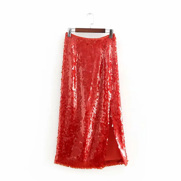 

Cc8942 Skirt 2019 Spring New Style High-waisted Loose-Fit Sequin Decoration Solid Color Slit Sheath Long Skirts Women's