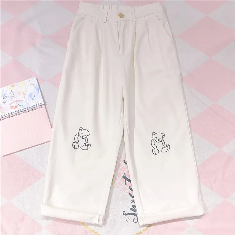 Beige Женские корейские свободные штаны Harajuku для девочек-подростков, Тонкие штаны с вышивкой медведя, повседневные женские милые японские штаны Kawaii - Color: Beige