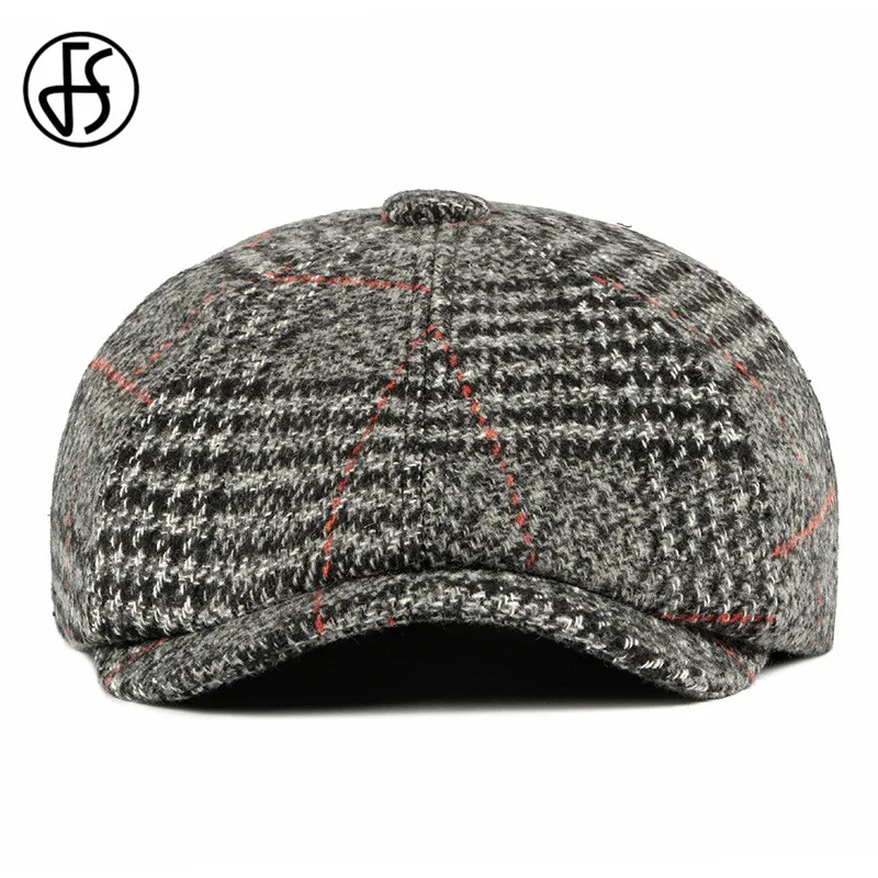 Мужская восьмиугольная шляпка FS черная клетчатая в британском стиле художника