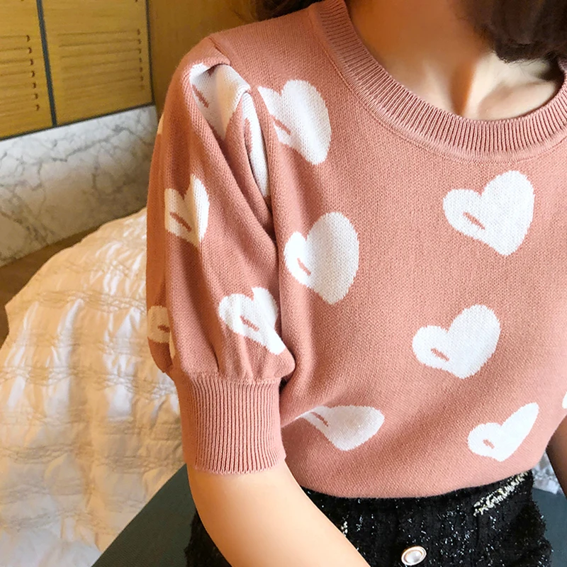 shintimes Tee Shirt Femme Hit Color Knitted T Shirts Women 2022 Summer Sweet Patchwork Puff Sleeve Tshirt Woman Vetement Femme