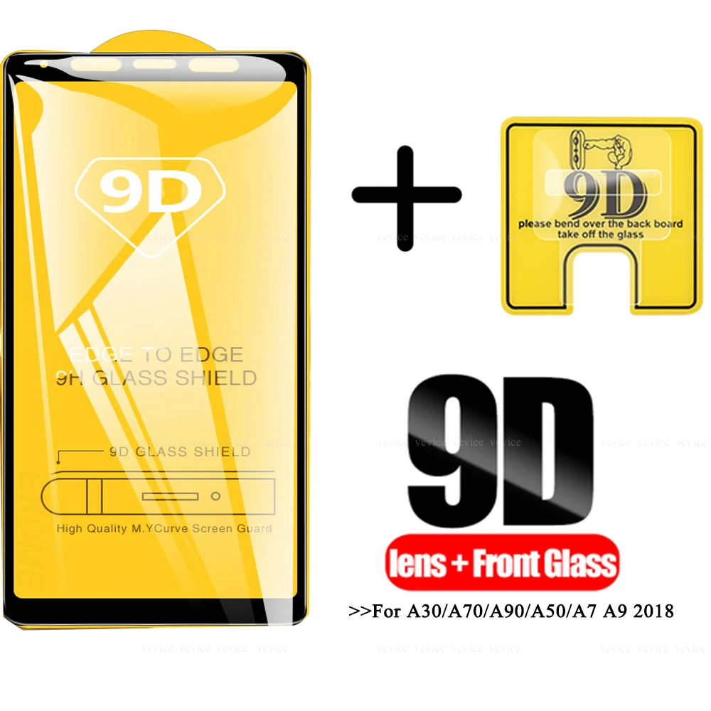 Закаленное защитное стекло 2 в 1 для Samsung Galaxy A50 A30 A7 A9 2018 HD Прозрачная крышка