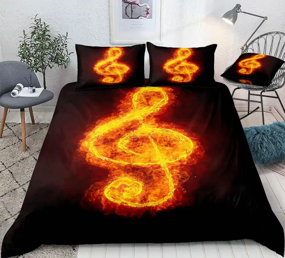 3d Fire Treble Clef Bedding Set Flame Musical Note Symbol Quilt