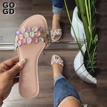 

[GOGD]Women Slippers Flat Shoes Sandals Casual 2020 Summer Outside The Beach Slides Shoes New Women beige colour Hot Slippers