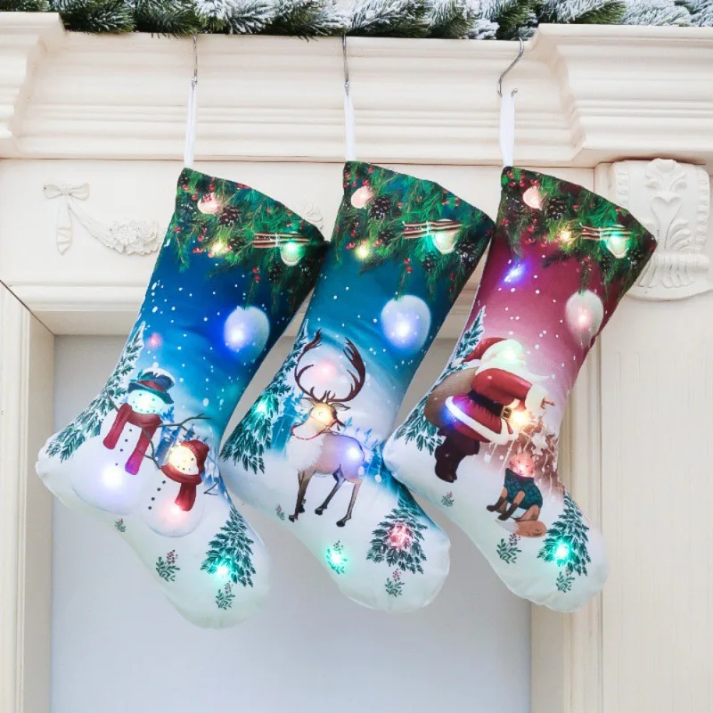 LED Light Up Christmas Stocking Gift Holders Fireplace Hanging Ornament Holiday Party Christmas Decor Stocking New Year Gifts