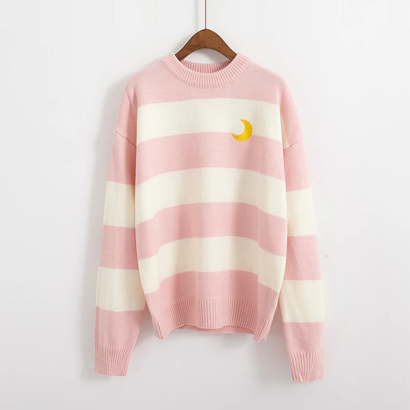 Женские свитера, Kawaii Ulzzang, для колледжа, яркие цвета, в полоску, с Луной, наборы, вышивка, свитер, женский, Harajuku, одежда для женщин