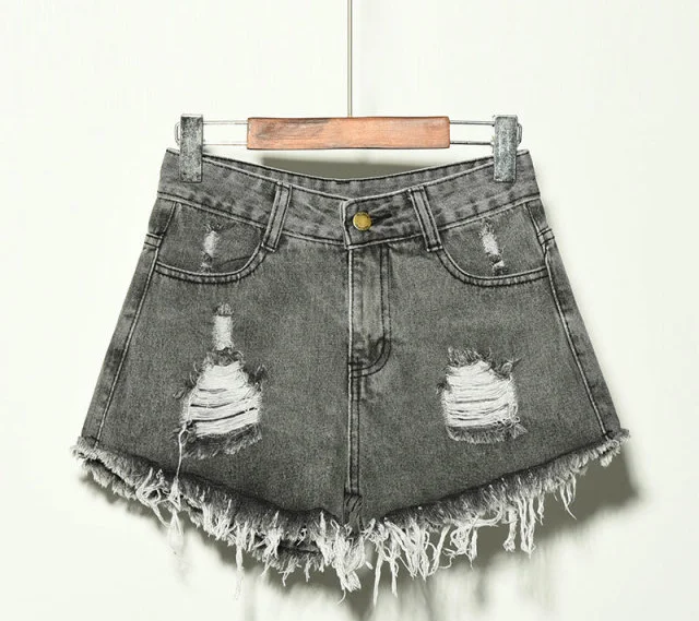 Plus Size Summer Casual Female Straight Mini Shorts Harajuku Jeans Vintage a-line High Waist Denim Hole Shorts for Women - Цвет: Серый
