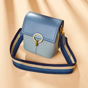 

Women Fashion Soft Genuine Leather Concise Elegant Handbag Shoulder Office Daily Lady Bucket Bag Crossbody Bag with Wide Strap