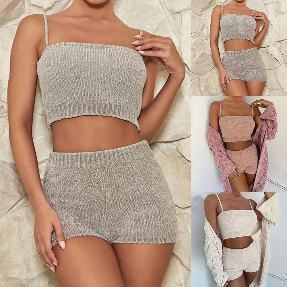 2020 Autumn Sexy Sweater Two Piece Sets Women Spring Knitted Strap Crop Tops+ Bodycon Shorts 2 Piece Outfit Set Club Party Suit