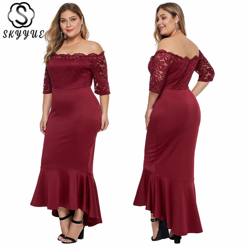 

Skyyue Evening Dress 2019 Lace Boat Neck Three Quarter Robe De Soiree Plus Size Off Shoulder Formal Dresses Evening Gown T007