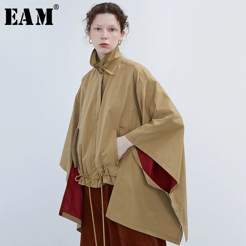 

[EAM] Loose Fit Drawstring Oversize Asymmetrical Causal Jacket New Stand Collar Long Sleeve Women Coat Fashion Autumn 2019 1A018