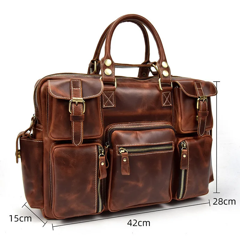 PNDME Ретро Мульти Карманный высококачественный мужской портфель из натуральной кожи для путешествий большой емкости сумка для ноутбука