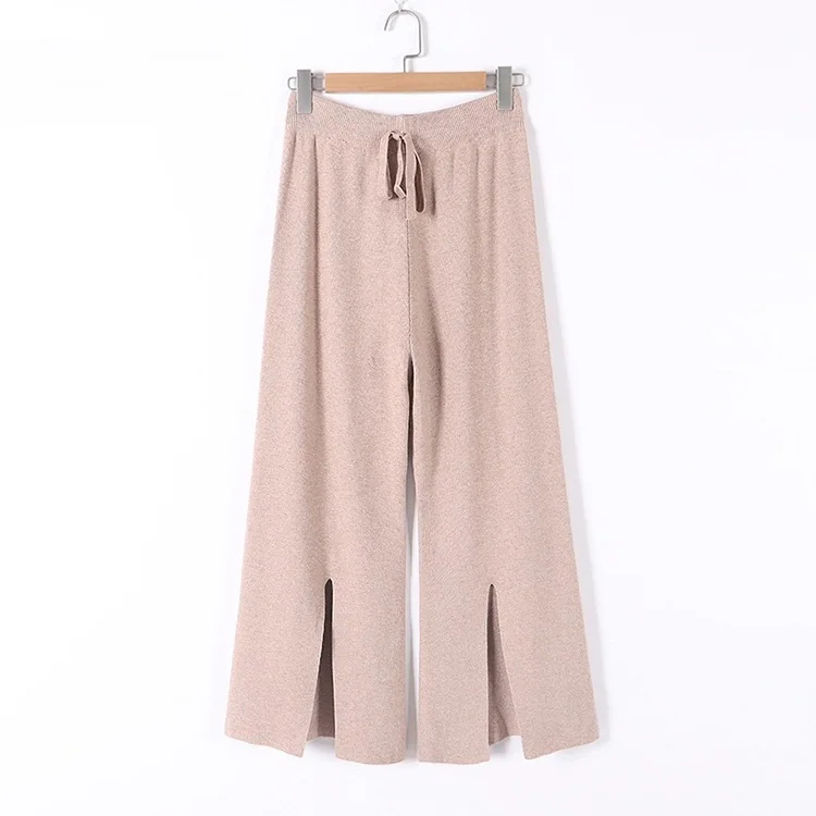 Pink Korean Streetwear Autumn pants women trousers winter High-waisted knit straight slim elastic waist split loose wool pants - Color: Pink