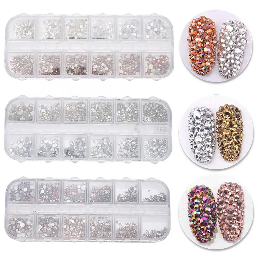 12 ячеек/коробка многоразмерные золотистые/Серебристые декоративные стразы с