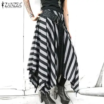 

Women's Asymmetrical Sundress ZANZEA Stylish Striped Maxi Skirts Casual Elastic Waist Faldas Saia Female Spring Robe Plus Size