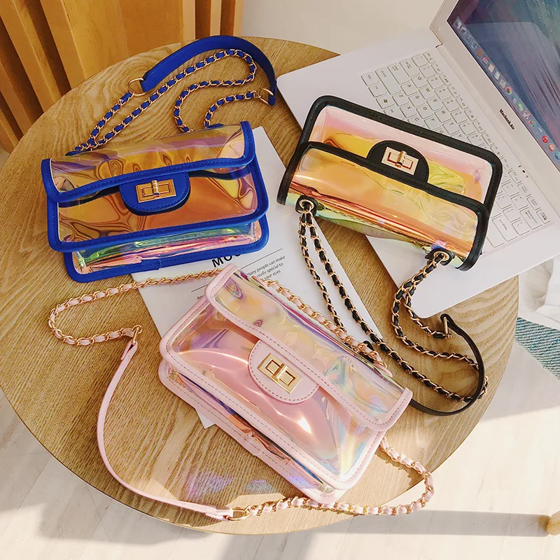 

Western Style Bag Women's Ins2019 Korean-style New Style Chain Laser Bag PVC Square Sling Bag Crossbody Bag Women's